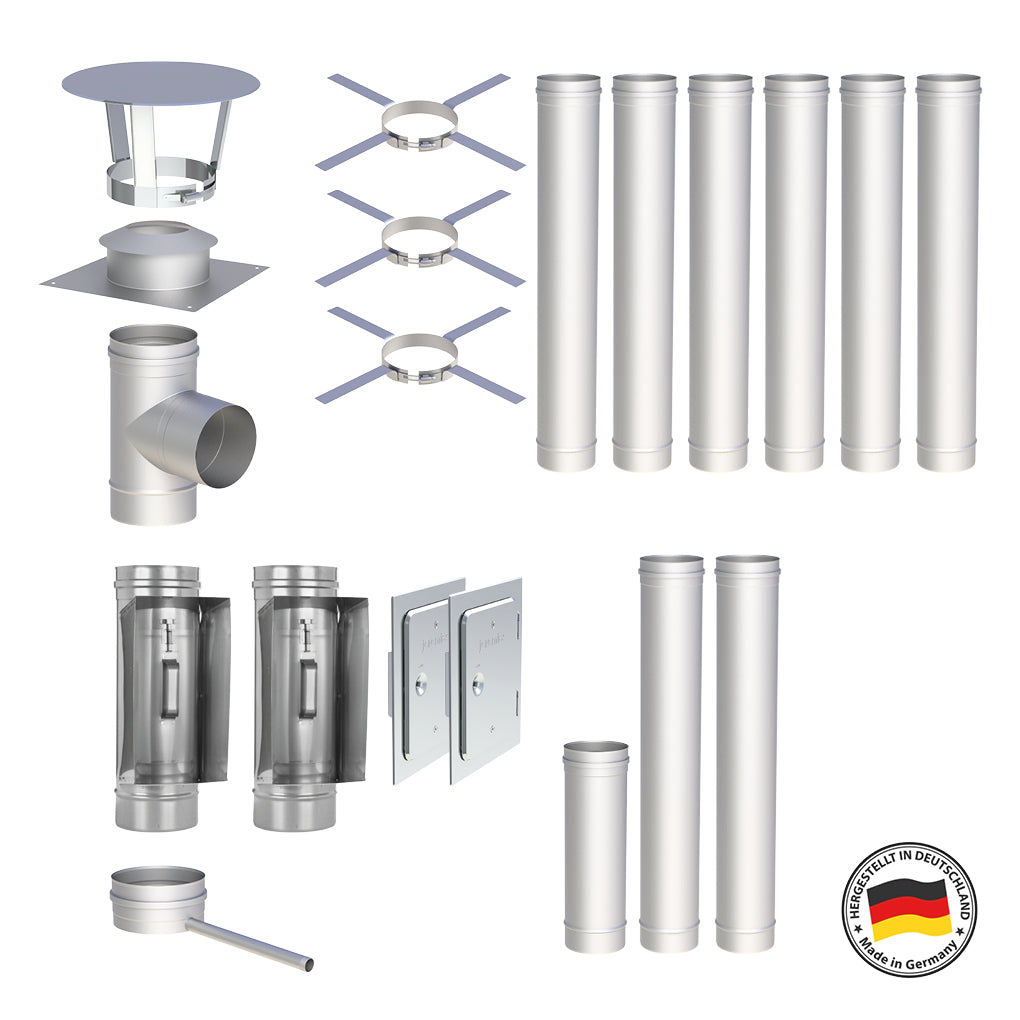 Edelstahlschornstein Bausatz Einwandig 9,9 m - Ø130 mm - 0,6 mm - V4A, V2A -  Sanierungsbausatz einwandig Abgasrohr Sanierung EW-FU Jeremias