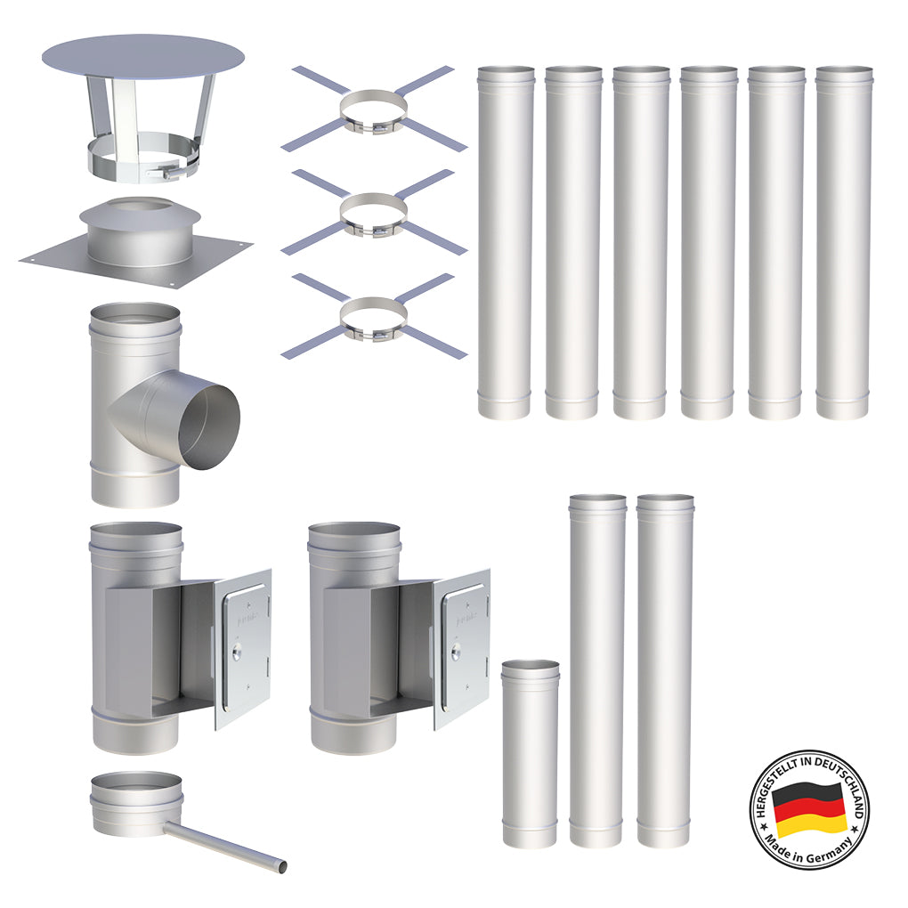 Edelstahlschornstein Bausätze Konfigurator Einwandig - Ø120 mm , Ø130 mm , Ø150 mm , Ø160 mm , Ø180 mm , Ø200 mm - V4A - 25 Jahre Garantie