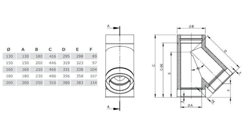 Edelstahlschornstein T-Stück 45° Ø180 mm - V2A - DW-ECO 2.0 Jeremias