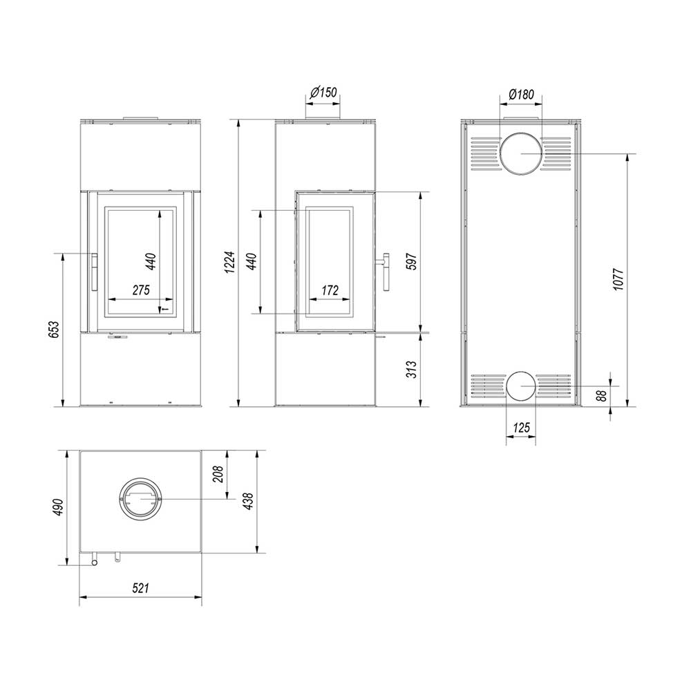Kratki Kaminofen Thor View 3-seitig Rechts 8 kW Ø150 BImSchV Stufe 2 Holzofen