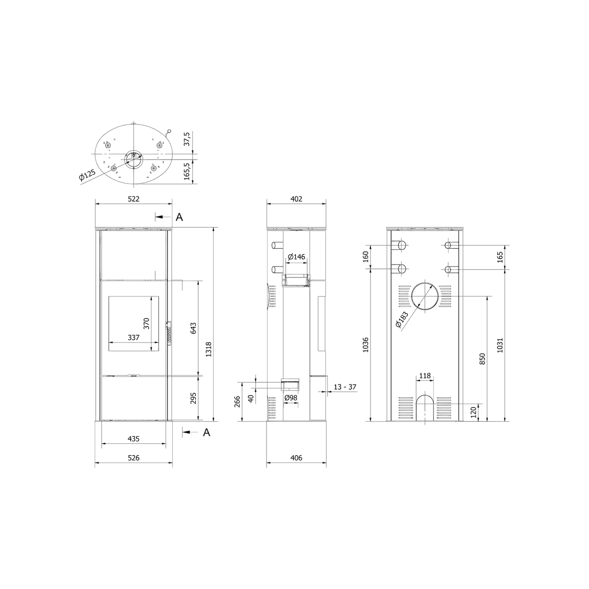 Kratki Kaminofen Rollo Hoch Schwarz Links 7 kW Ø150 BImSchV Stufe 2 Holzofen
