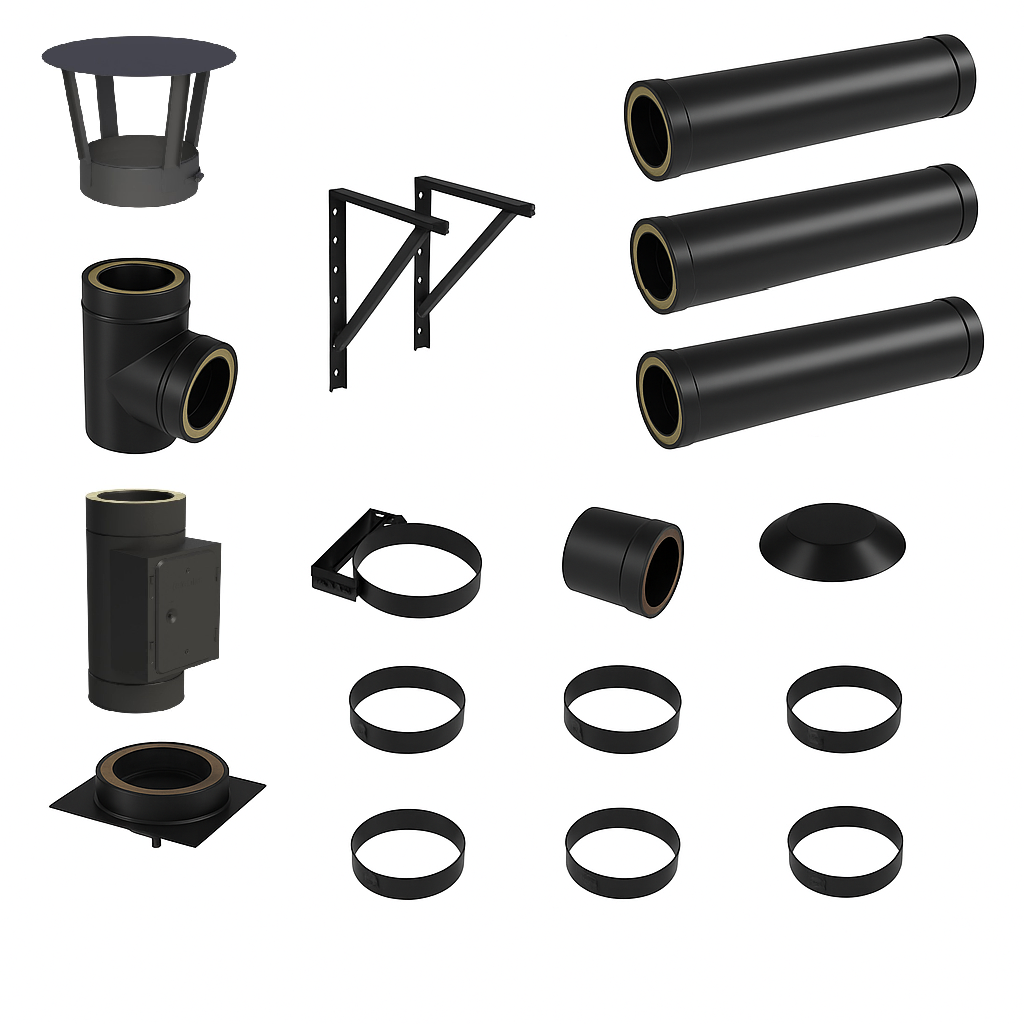 DW BLACK V2A Bausatz Doppelwandig Ø150 Höhe 4,2 m mit Regenhaube - Jeremias DW-Black