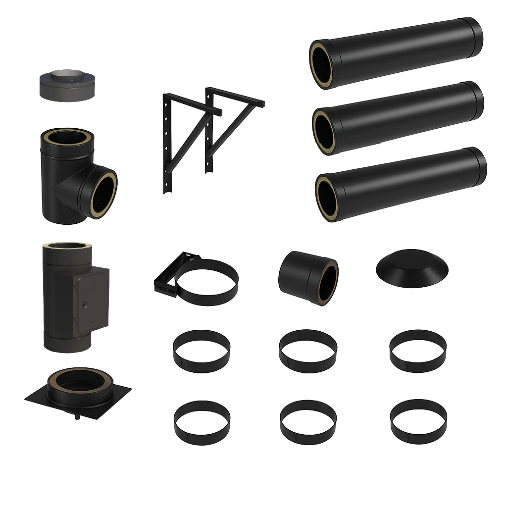 DW BLACK V2A Bausatz Doppelwandig Ø150 Höhe 4,2 m mit Mündungsabschluss - Jeremias DW-Black