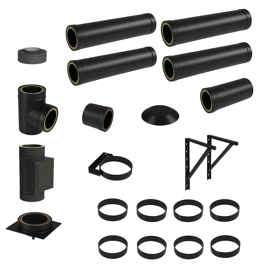 DW BLACK V2A Bausatz Doppelwandig Ø150 Höhe 5,7 m mit Mündungsabschluss - Jeremias DW-Black
