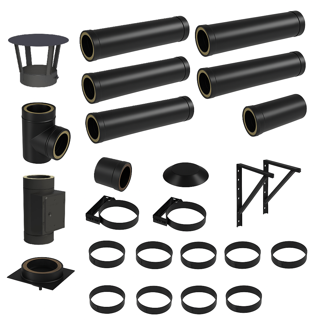 DW BLACK V2A Bausatz Doppelwandig Ø150 Höhe 6,7 m mit Regenhaube - Jeremias DW-Black