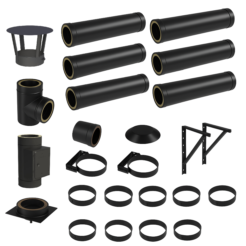 DW BLACK V2A Bausatz Doppelwandig Ø150 Höhe 7,2 m mit Regenhaube - Jeremias DW-Black