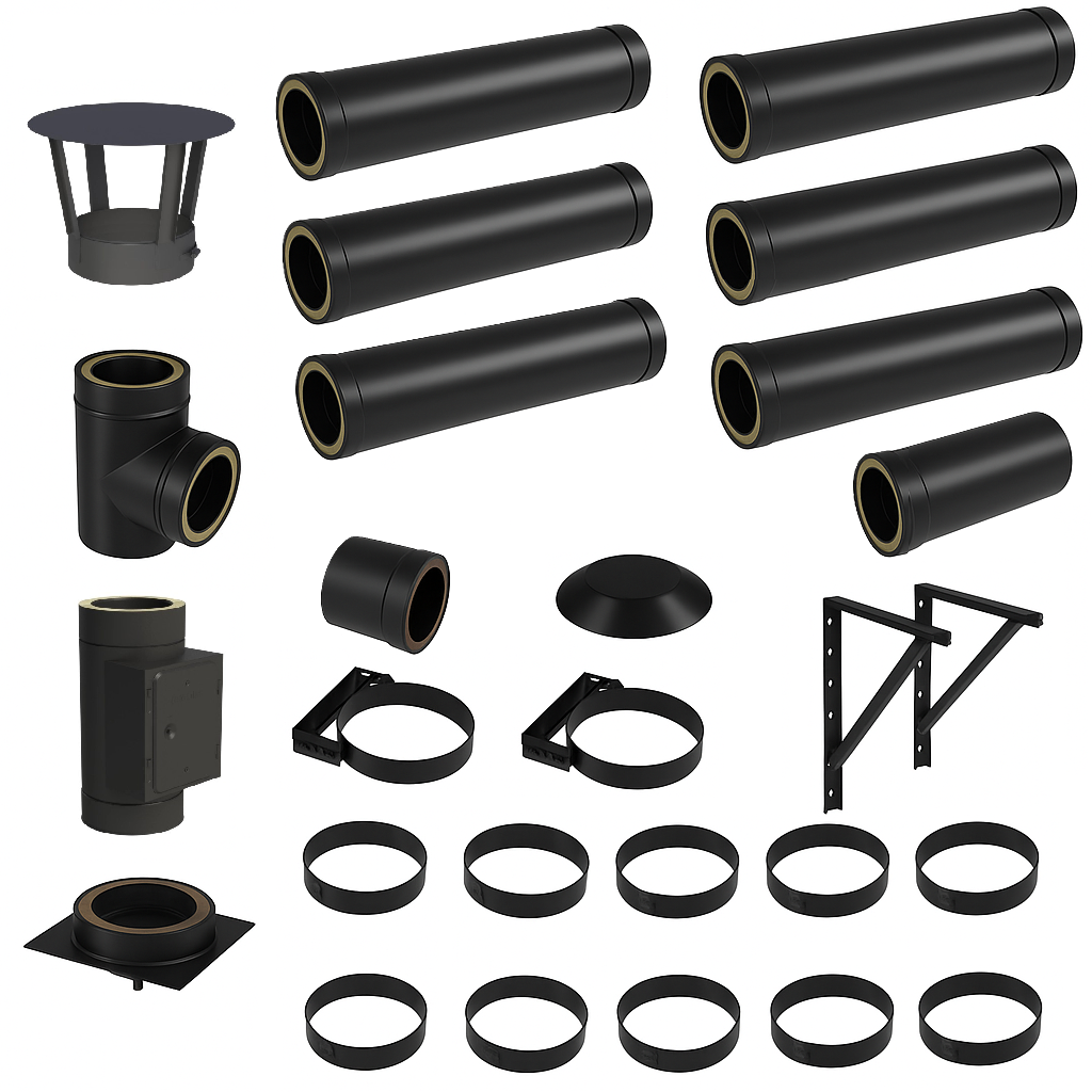 DW BLACK V2A Bausatz Doppelwandig Ø150 Höhe 7,7 m DW Bausatz mit Regenhaube - Jeremias DW-Black