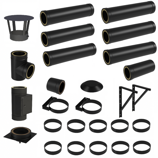 DW BLACK V2A Bausatz Doppelwandig Ø180 Höhe 7,7 m DW Bausatz mit Regenhaube - Jeremias DW-Black
