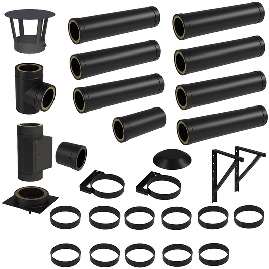 DW BLACK V2A Bausatz Doppelwandig Ø130 Höhe 8,7 m mit Regenhaube - Jeremias DW-Black