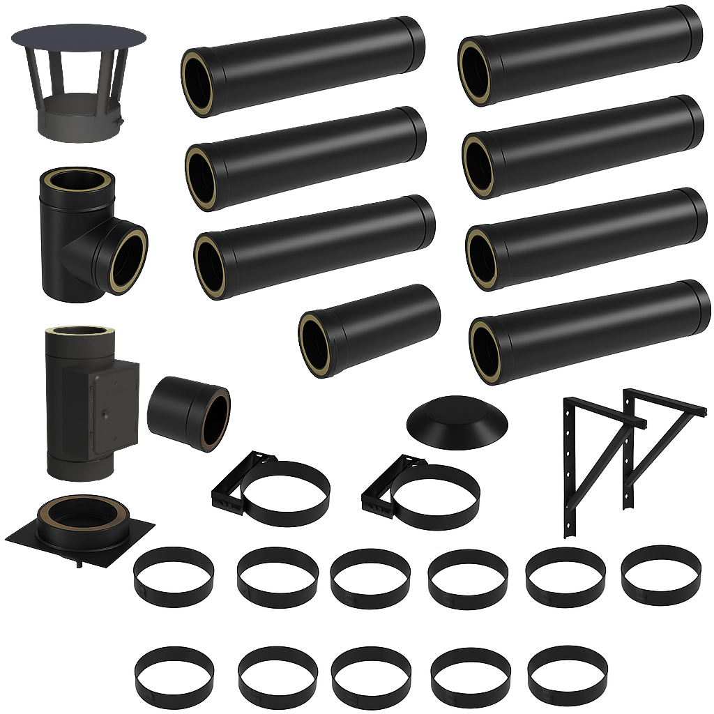 DW BLACK V2A Bausatz Doppelwandig Ø150 Höhe 8,7 m mit Regenhaube - Jeremias DW-Black