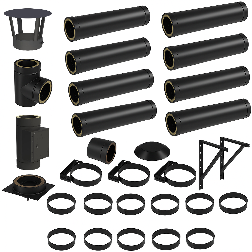 DW BLACK V2A Bausatz Doppelwandig Ø150 Höhe 9,2 m mit Regenhaube - Jeremias DW-Black