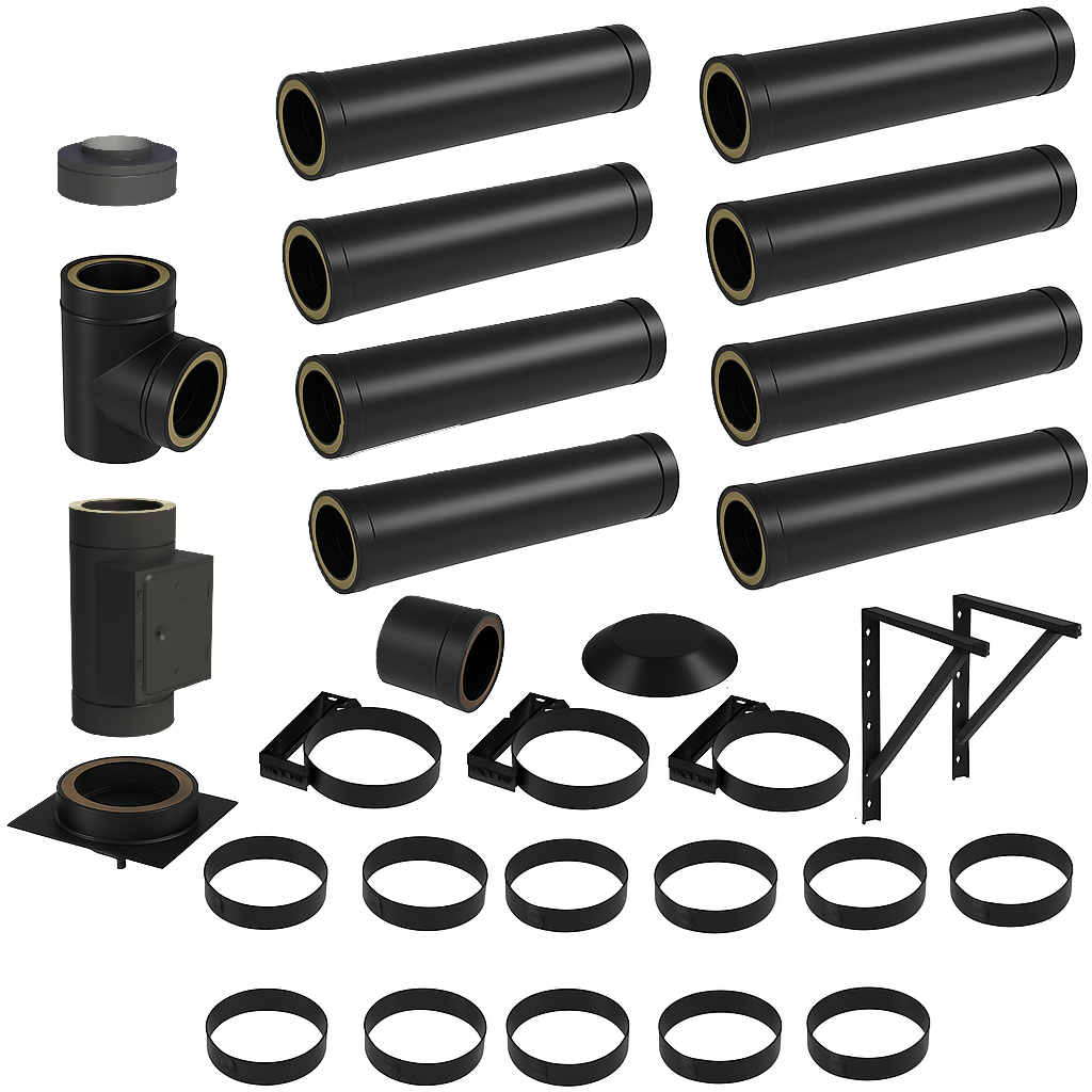 DW BLACK V2A Bausatz Doppelwandig Ø150 Höhe 9,2 m mit Mündungsabschluss - Jeremias DW-Black