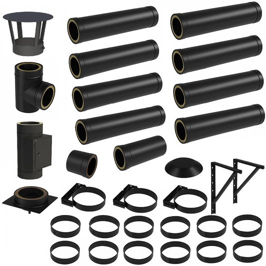 DW BLACK V2A Bausatz Doppelwandig Ø130 Höhe 9,7 m mit Regenhaube - Jeremias DW-Black