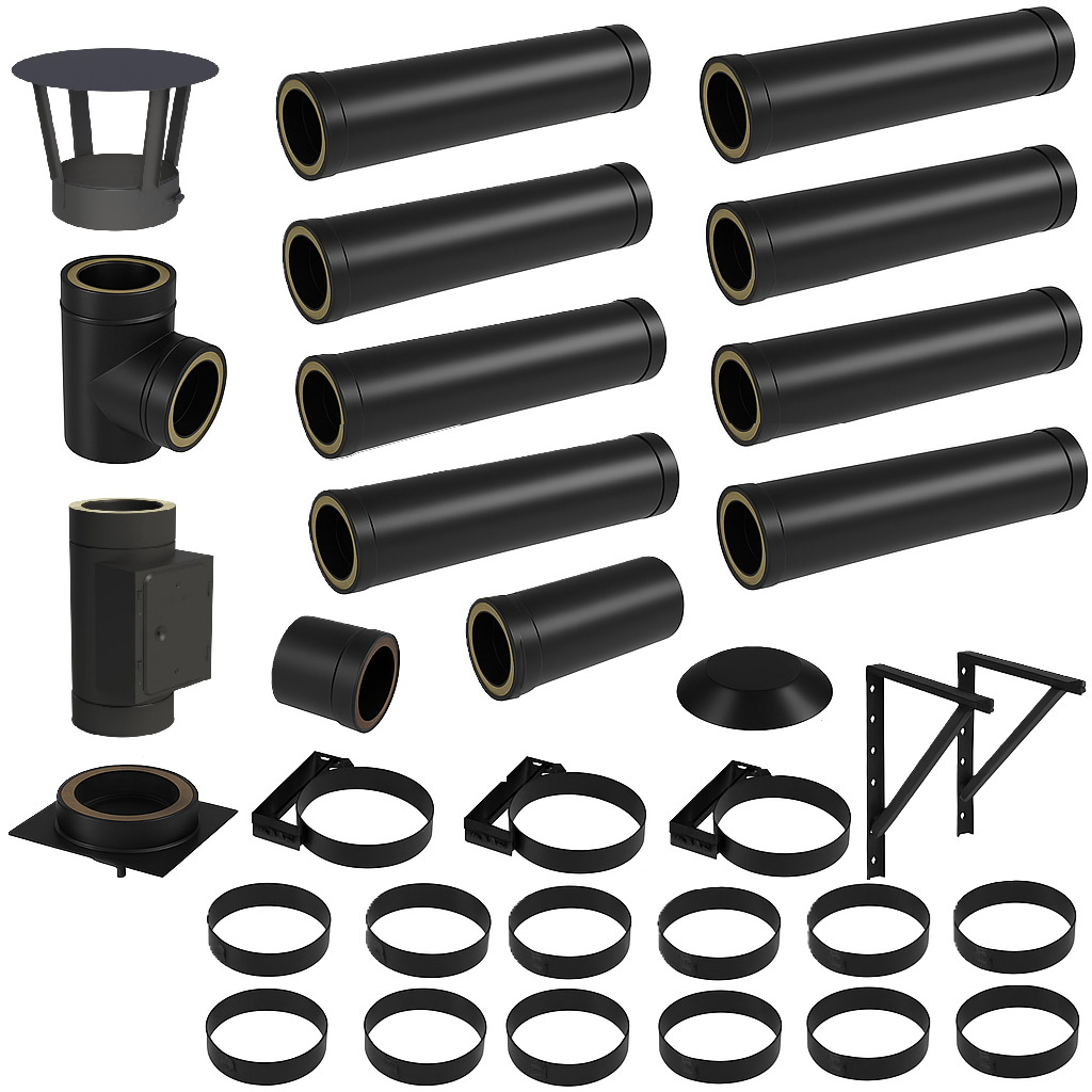 DW BLACK V2A Bausatz Doppelwandig Ø150 Höhe 9,7 m mit Regenhaube - Jeremias DW-Black